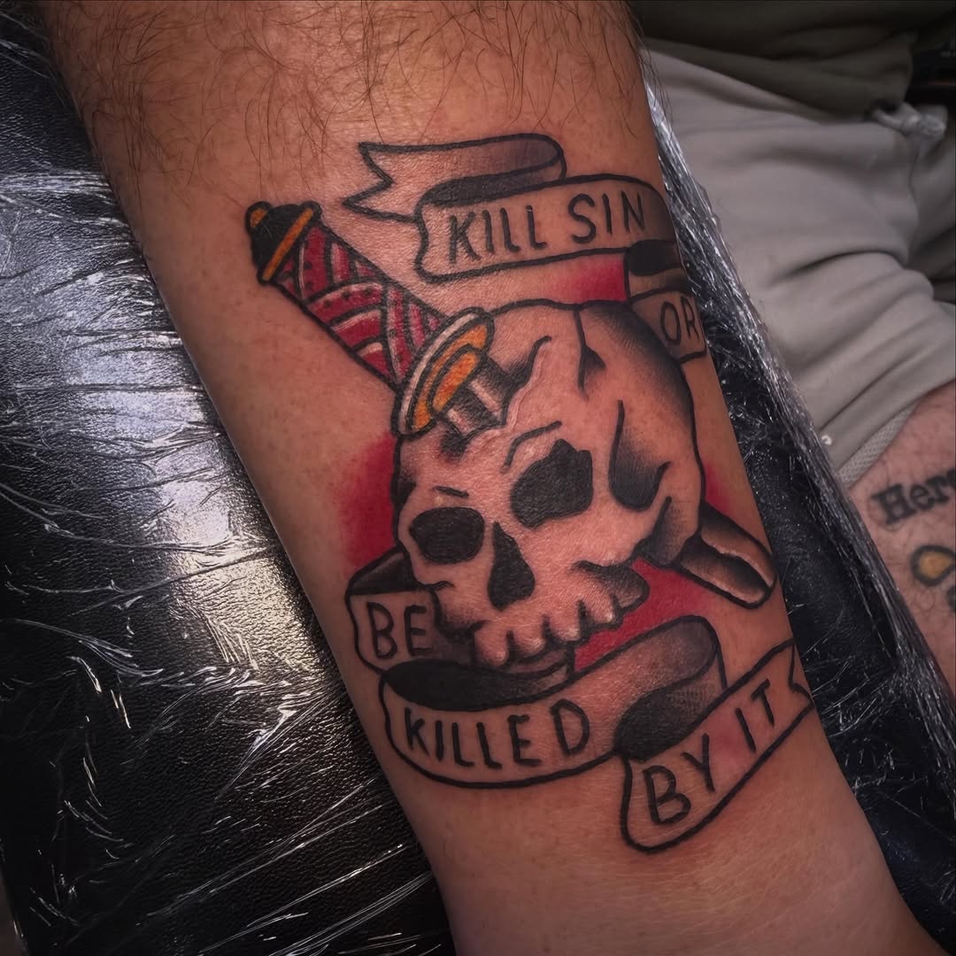 Tattoo by @sarahsynystertattoos — american_traditional, lettering_script