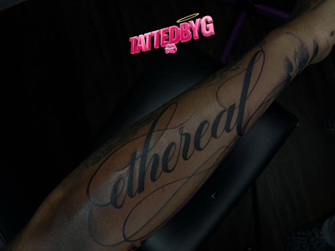 Tattoo by @tattedbyg — lettering_script, black_and_grey