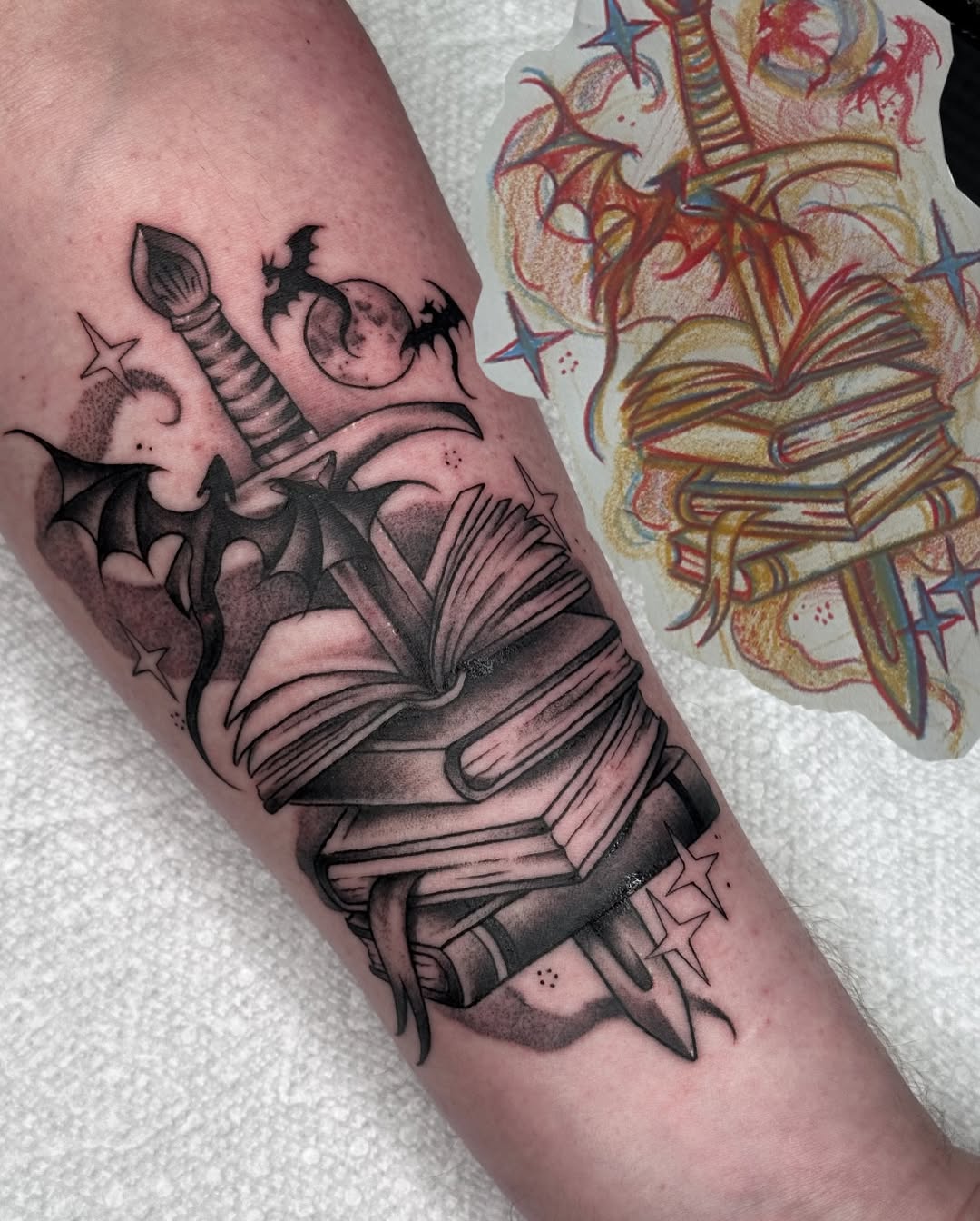 Tattoo by @caitycat.tattoos — black_and_grey, illustrative