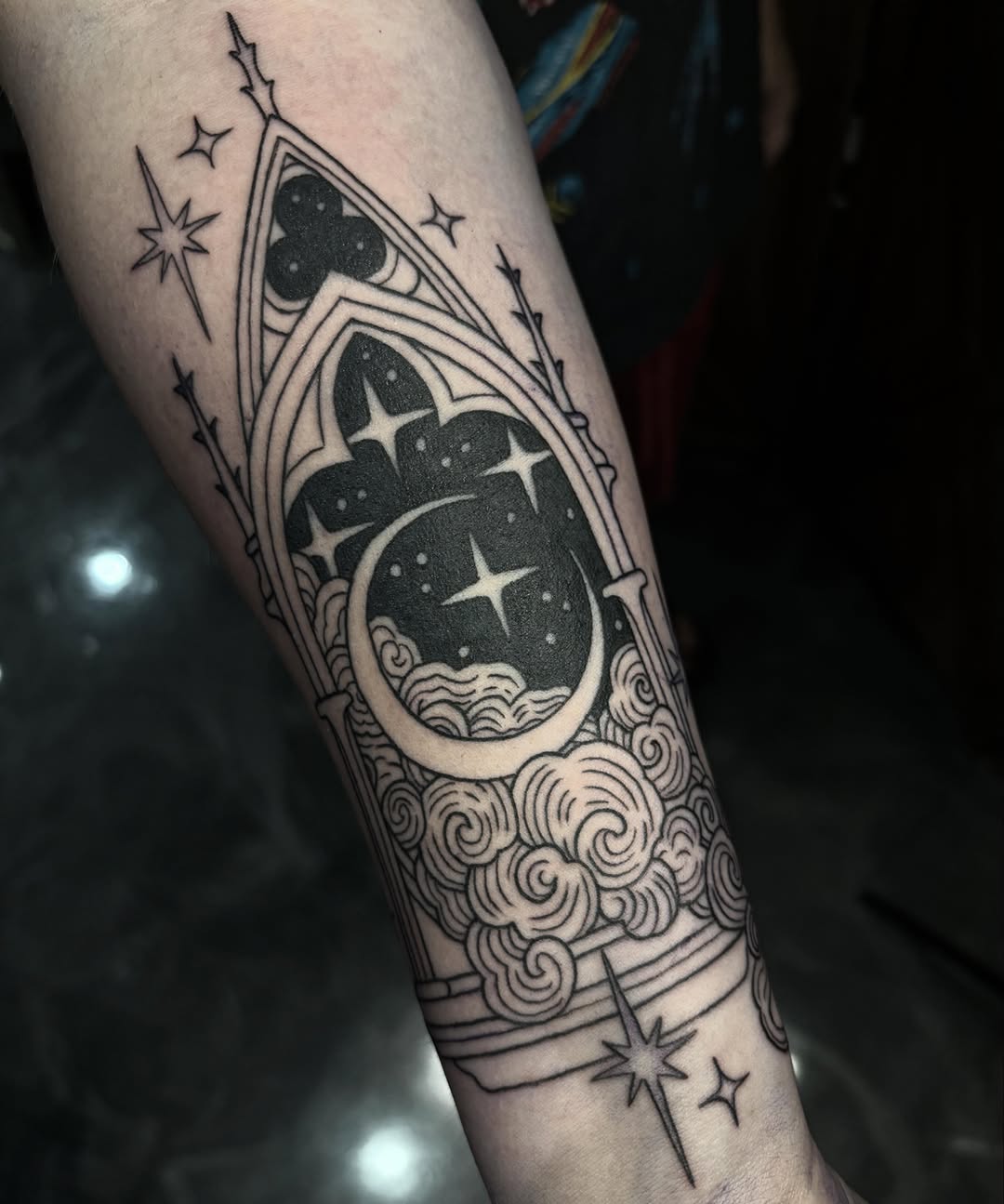 Tattoo by @threeofdaggers — illustrative, blackwork