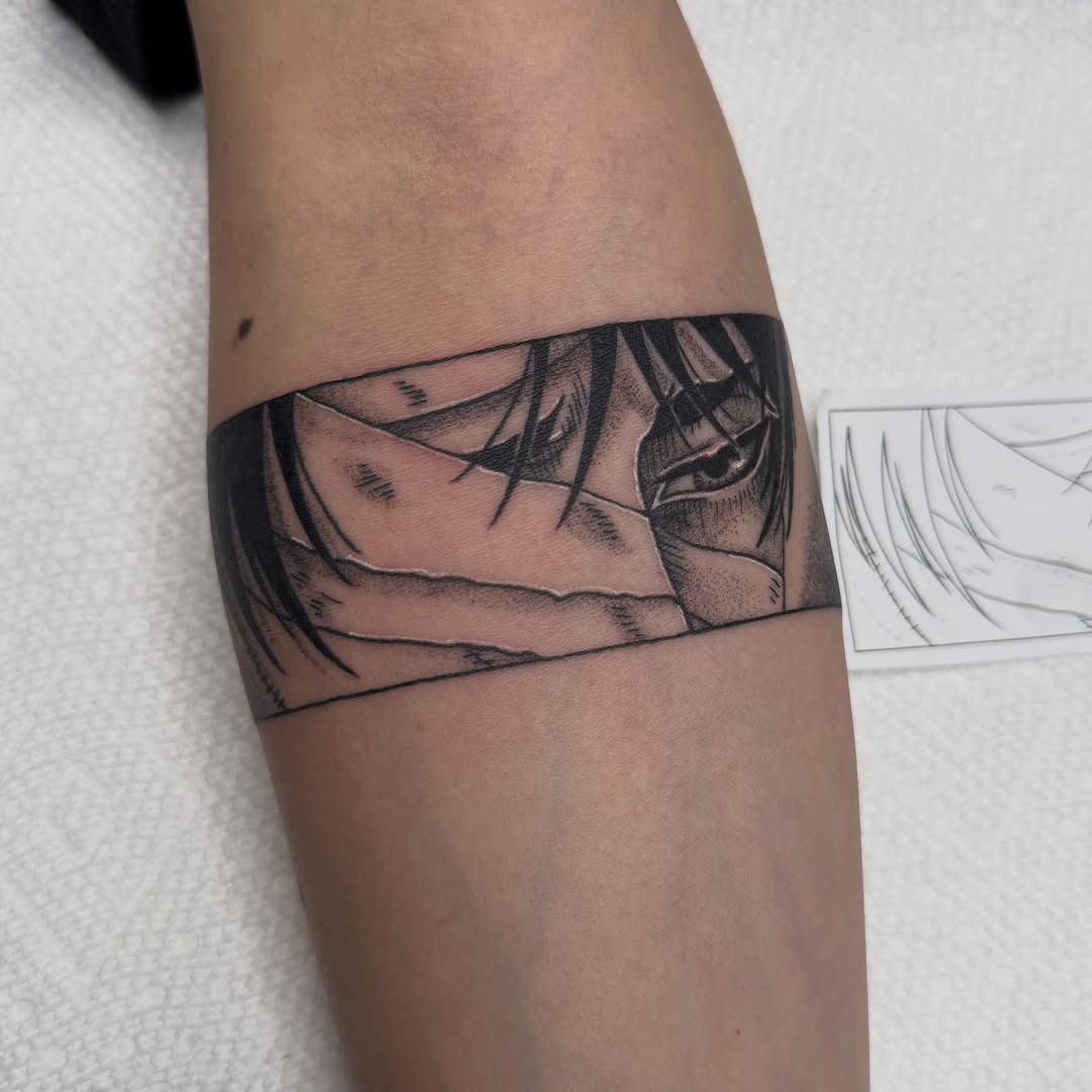 Tattoo by @luckyleftytattoos — anime, dotwork