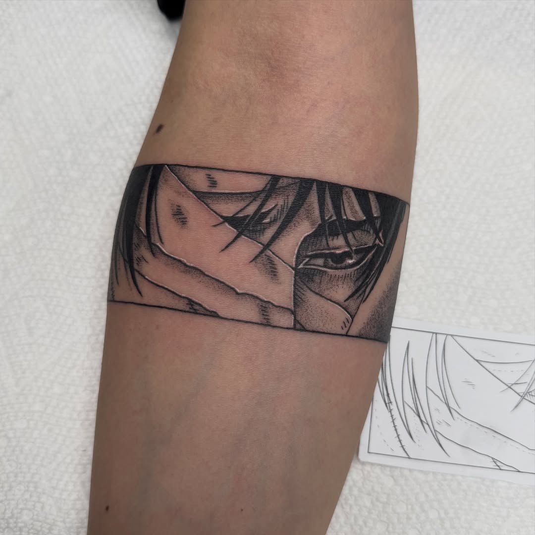 Tattoo by @luckyleftytattoos — anime, black_and_grey