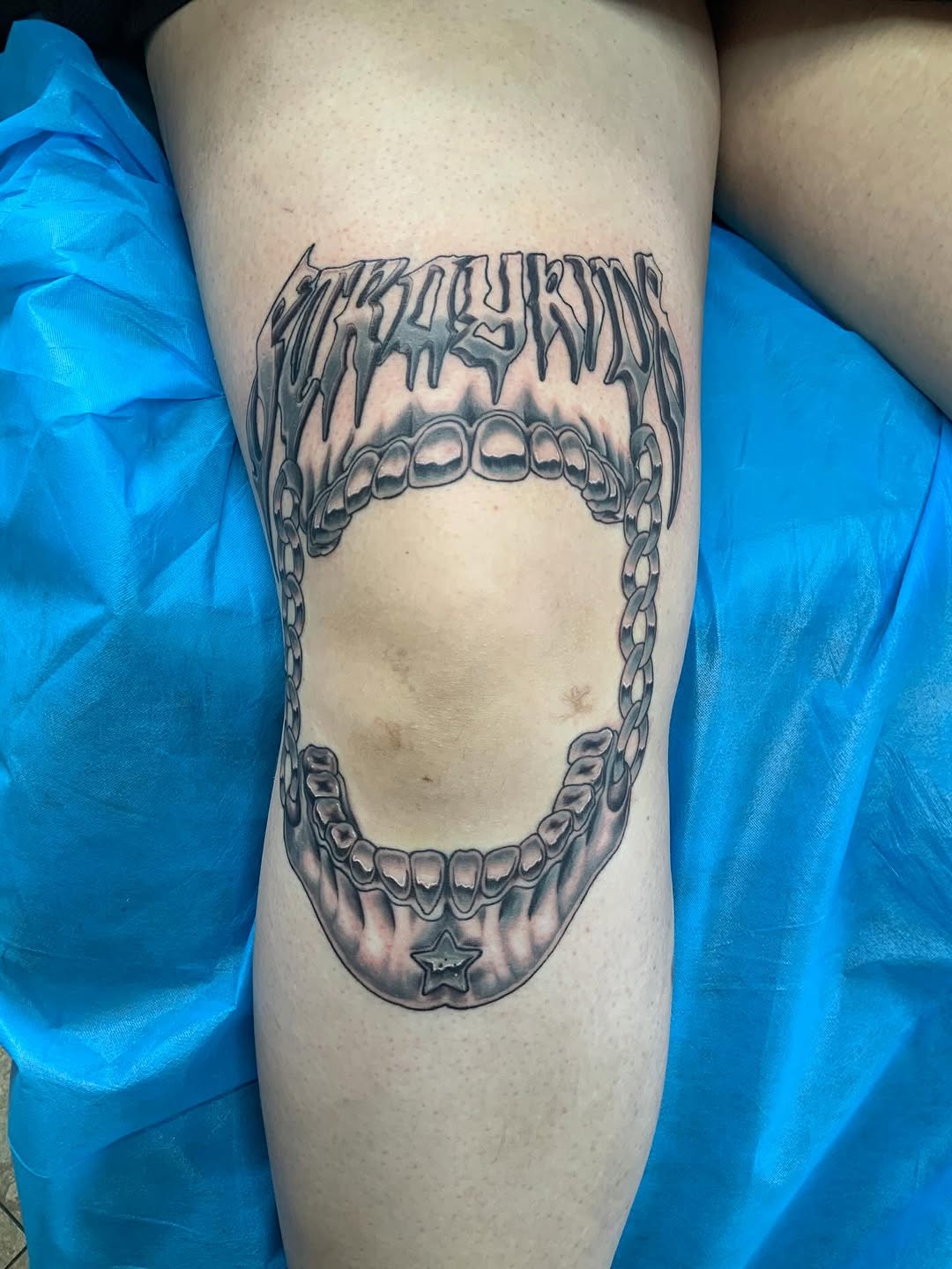 Tattoo by @electricpagan — black_and_grey, lettering_script