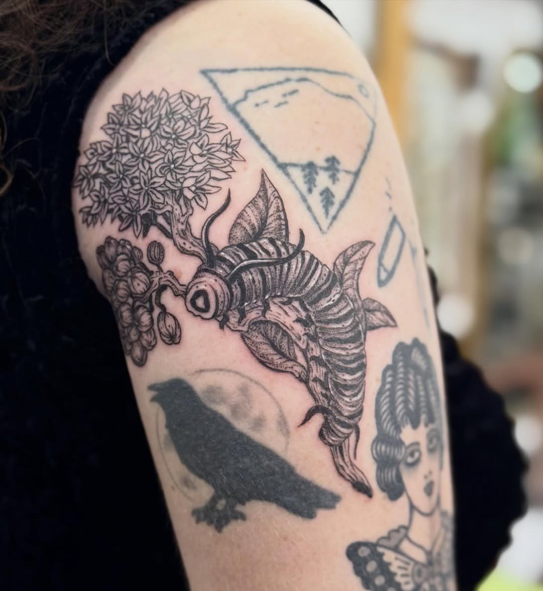 Tattoo by @writhingdirty — illustrative, black_and_grey