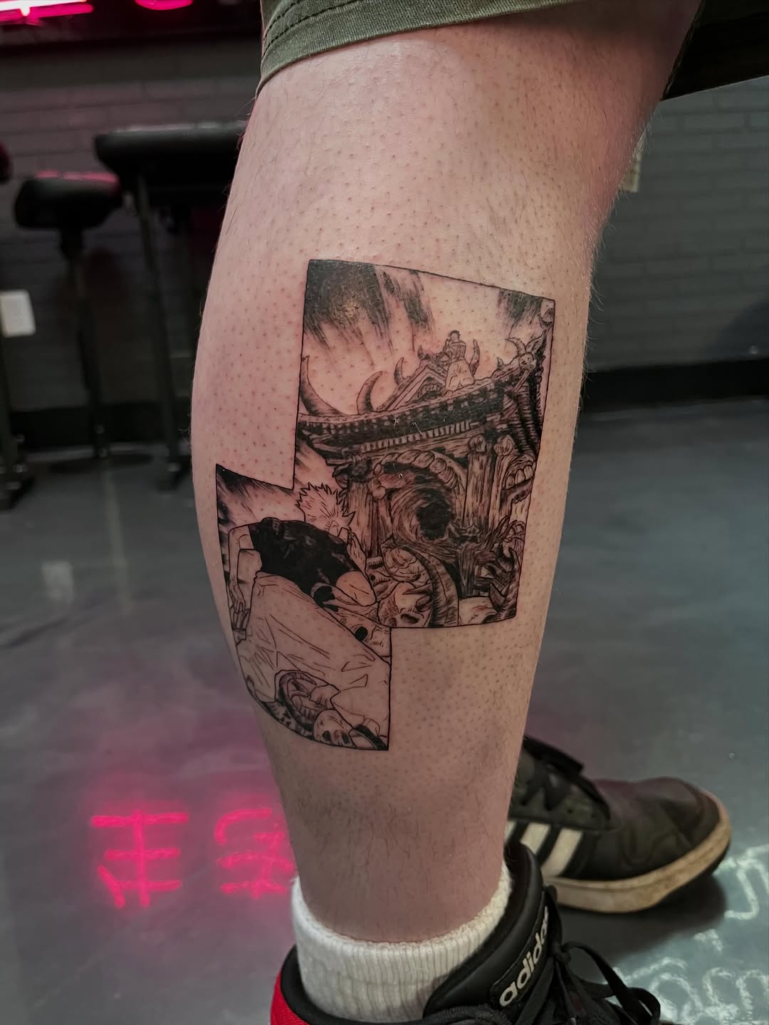 Tattoo by @bunnymanalo — anime, black_and_grey