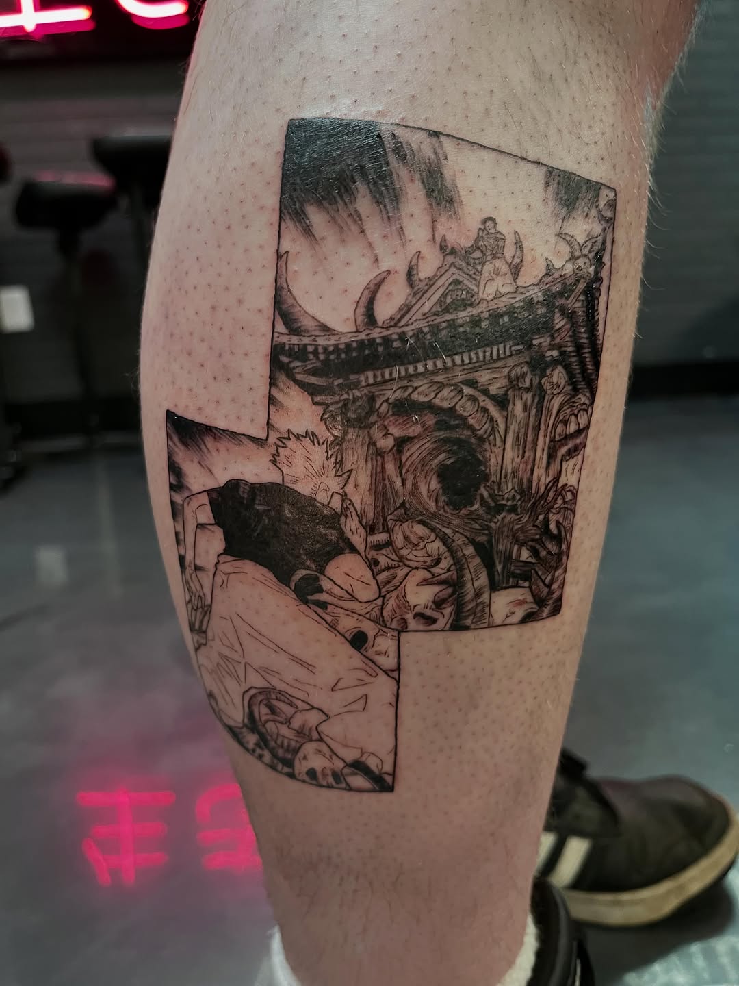 Tattoo by @bunnymanalo — anime, black_and_grey