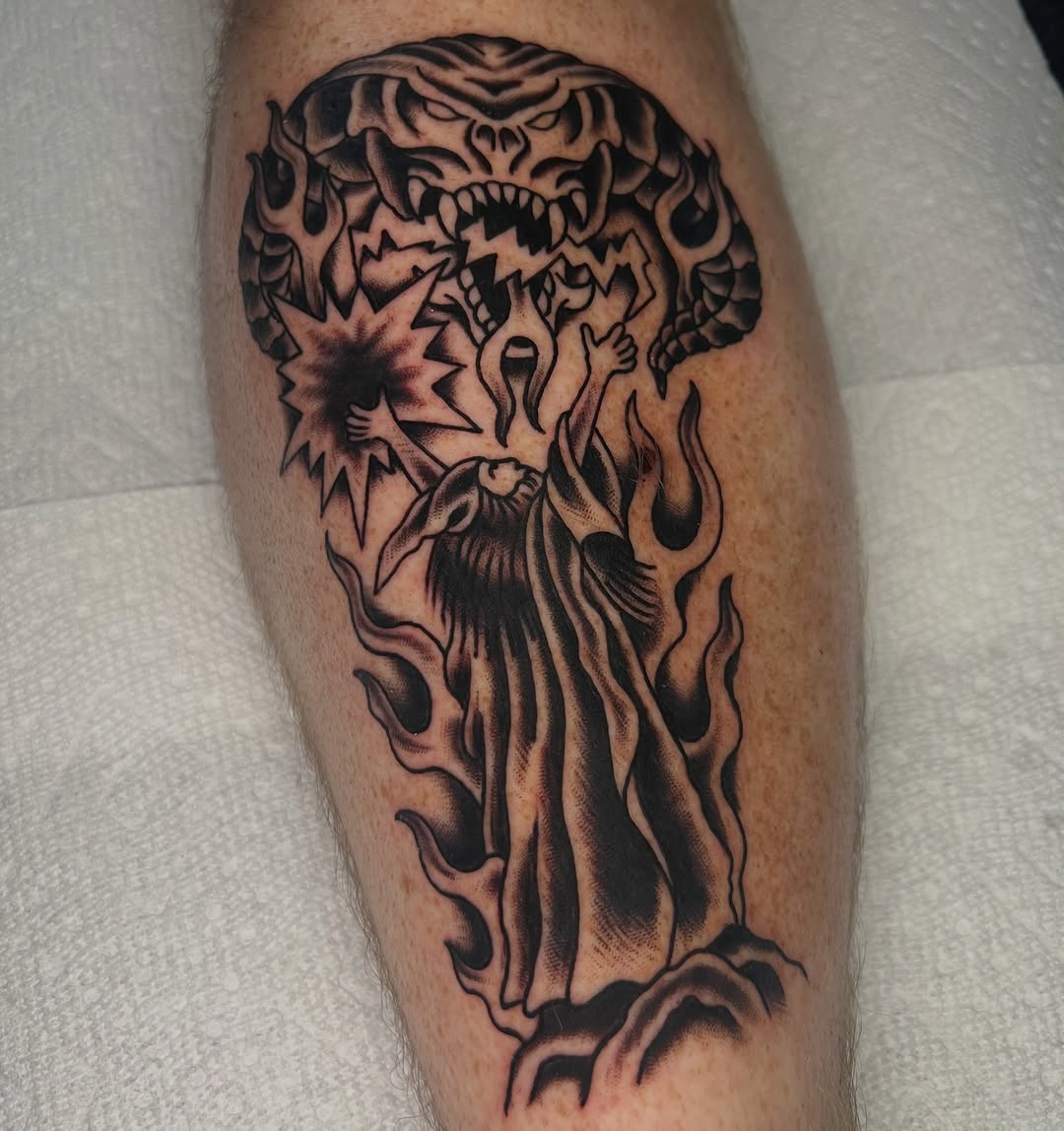Tattoo by @peteherg — black_and_grey, new_school