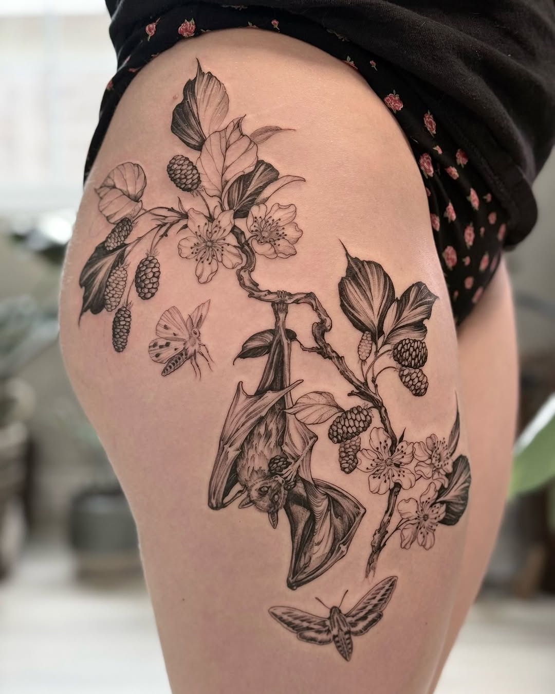 Tattoo by @bones.botany.tattoo — realism, black_and_grey
