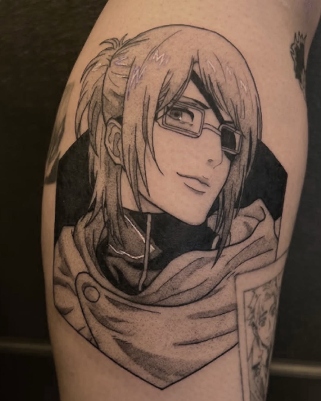 Tattoo by @legslietattoos_ — anime, black_and_grey