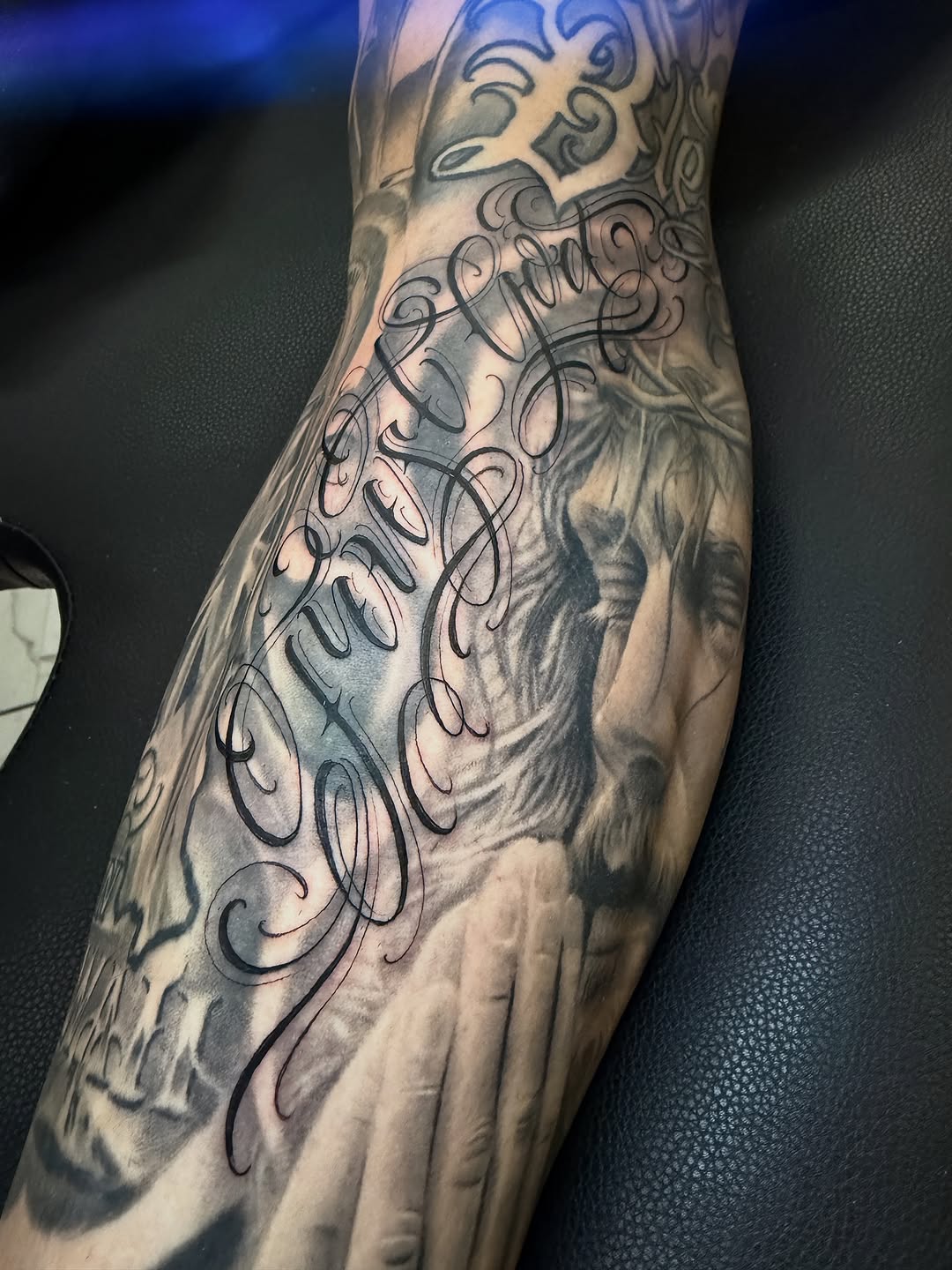 Tattoo by @scriptinator — lettering_script, black_and_grey
