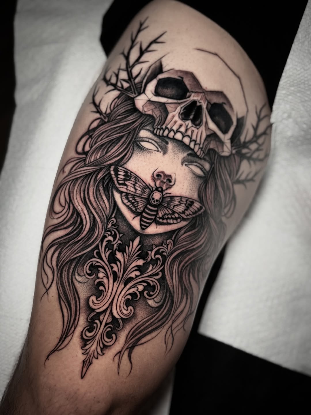 Tattoo by @davidmushaneytattoos — blackwork, illustrative