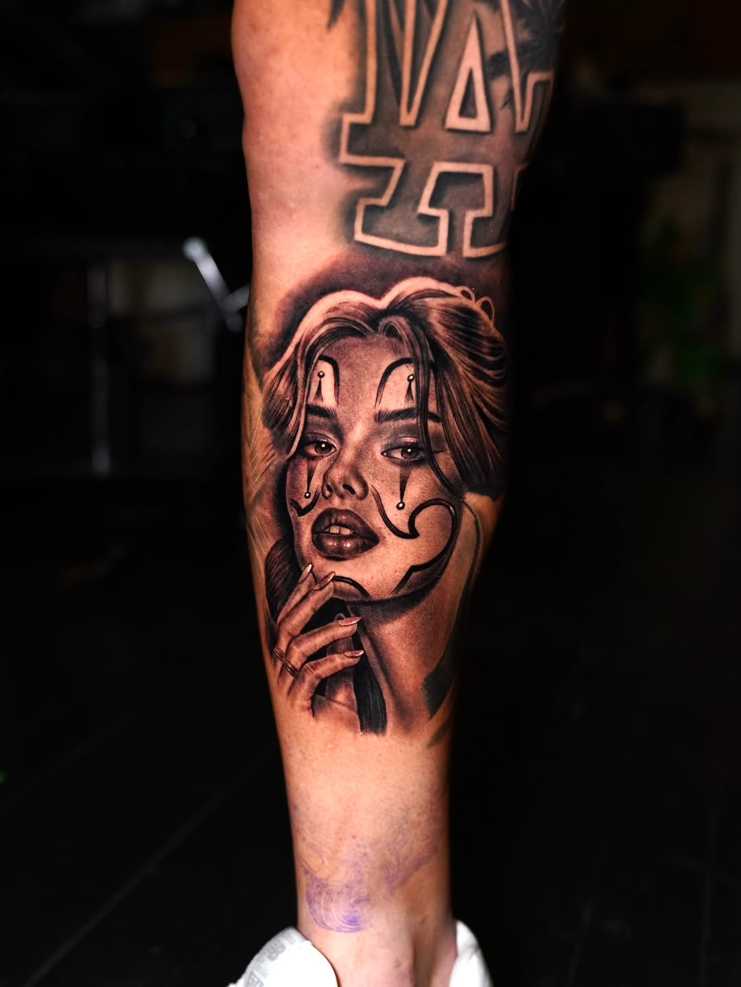 Tattoo by @smileyartla — black_and_grey, chicano