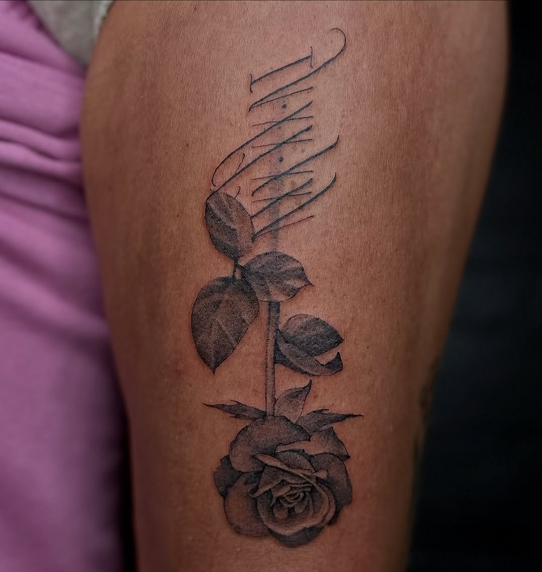 Tattoo by @amamor.art — lettering_script, black_and_grey