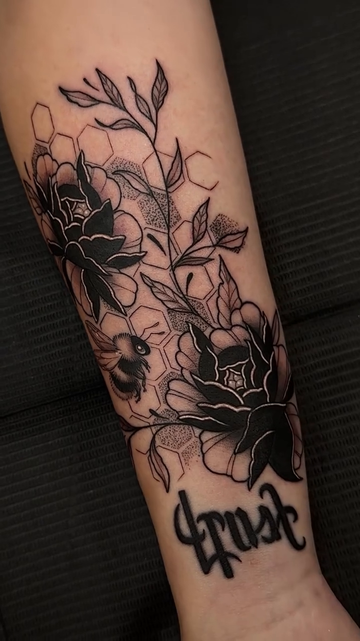 Tattoo by @tattooarielle — blackwork, lettering_script