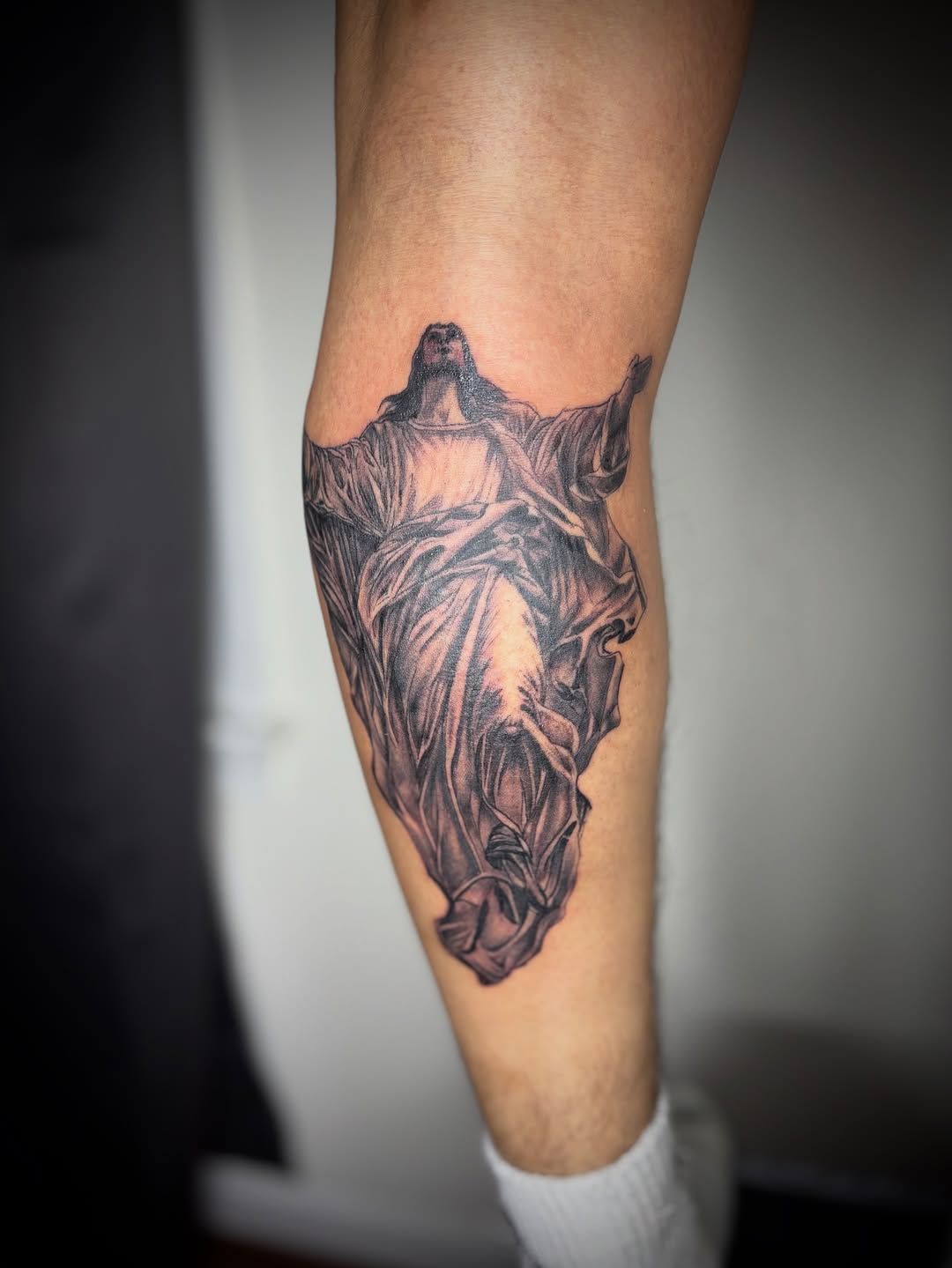 Tattoo by @zhentats2 β realism, black_and_grey