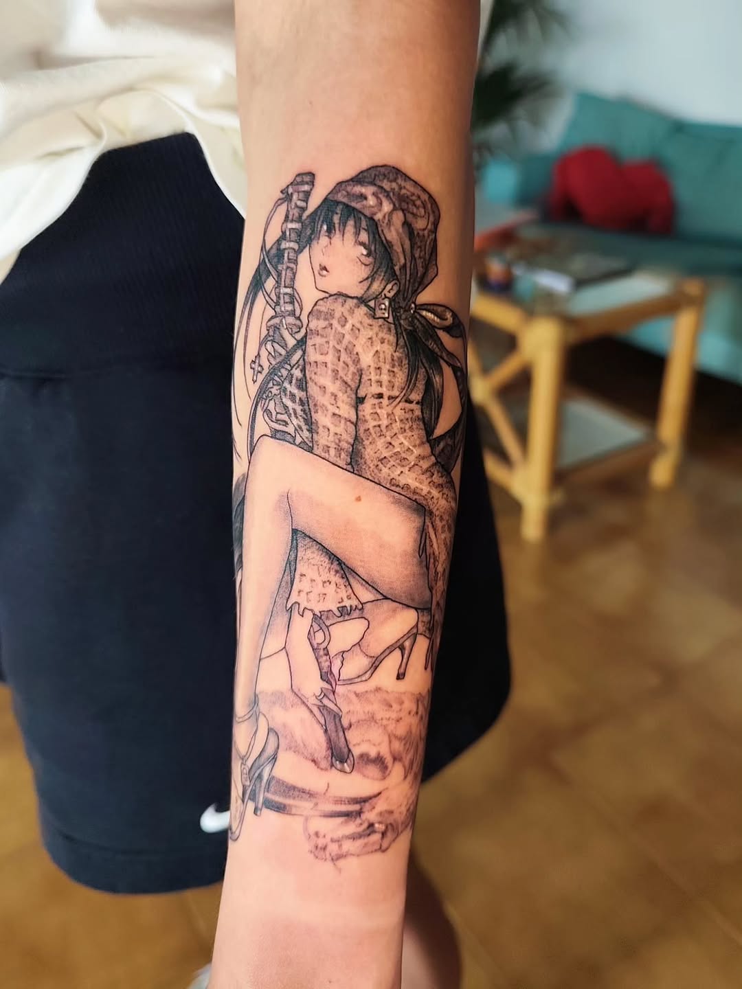 Tattoo by @martinatattoolanzarote — anime, black_and_grey