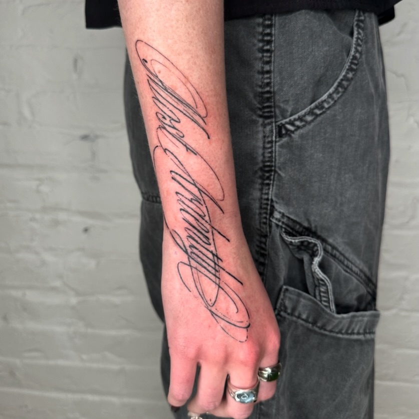 Tattoo by @macbeth_art — lettering_script, fine_line