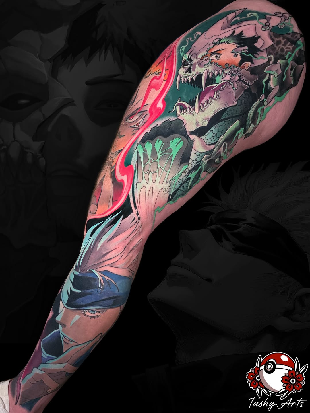 Tattoo by @tashy.arts — anime, black_and_grey