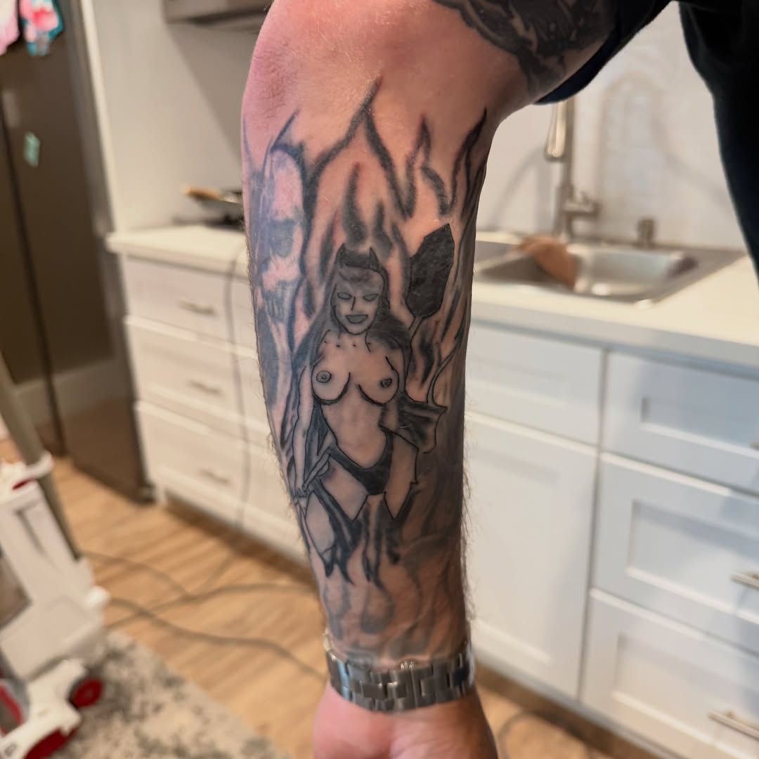 Tattoo by @lonewolftattoo415 — illustrative, black_and_grey