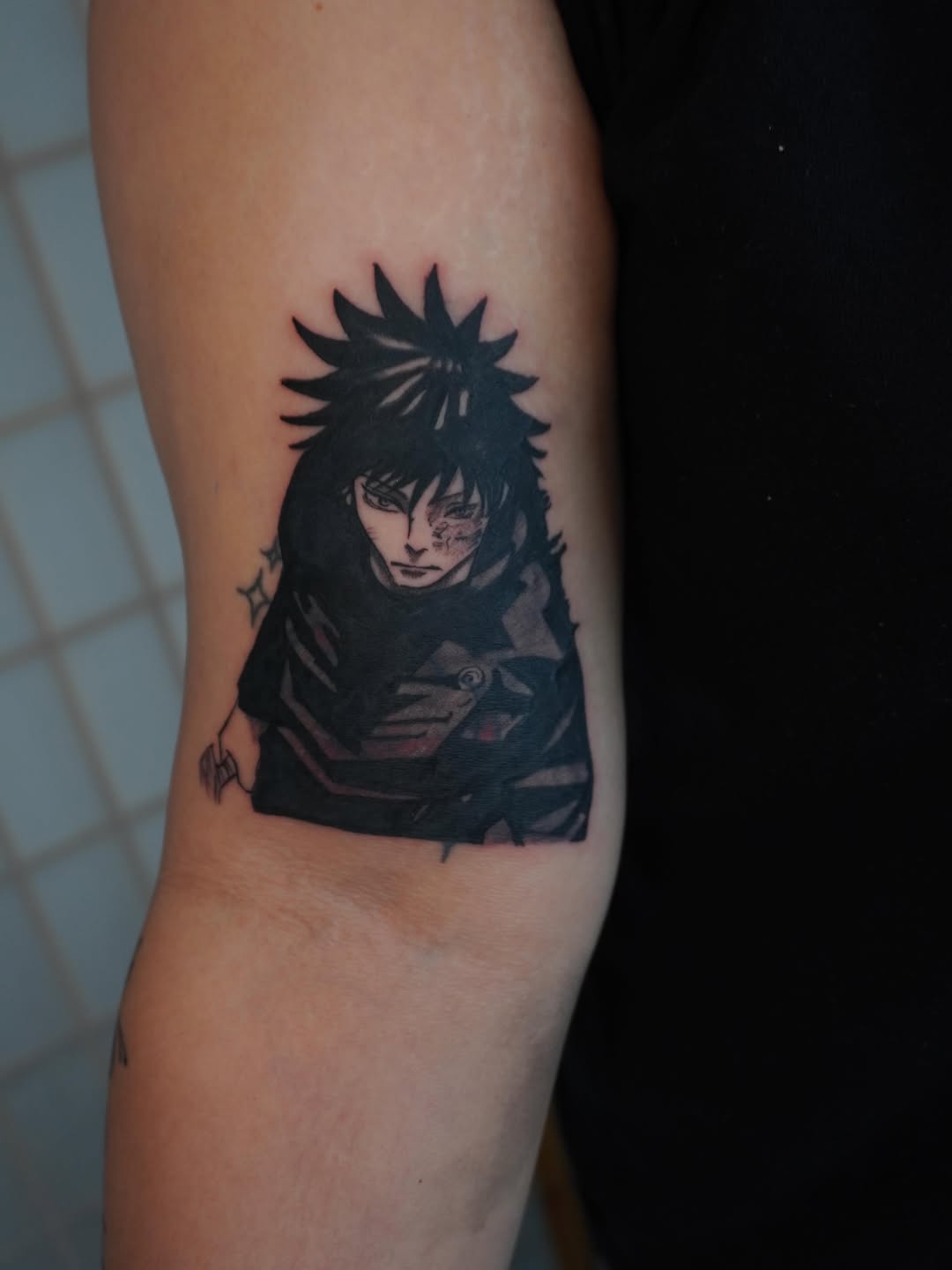 Tattoo by @hallowcream — anime, black_and_grey