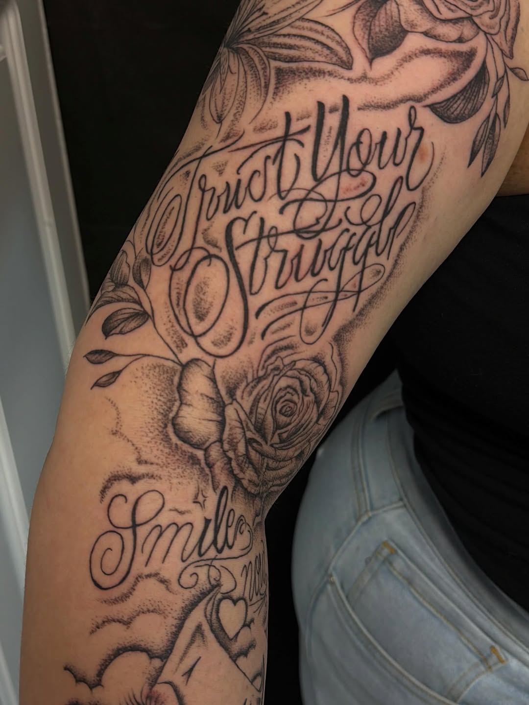 Tattoo by @corteztattoozz — lettering_script, black_and_grey