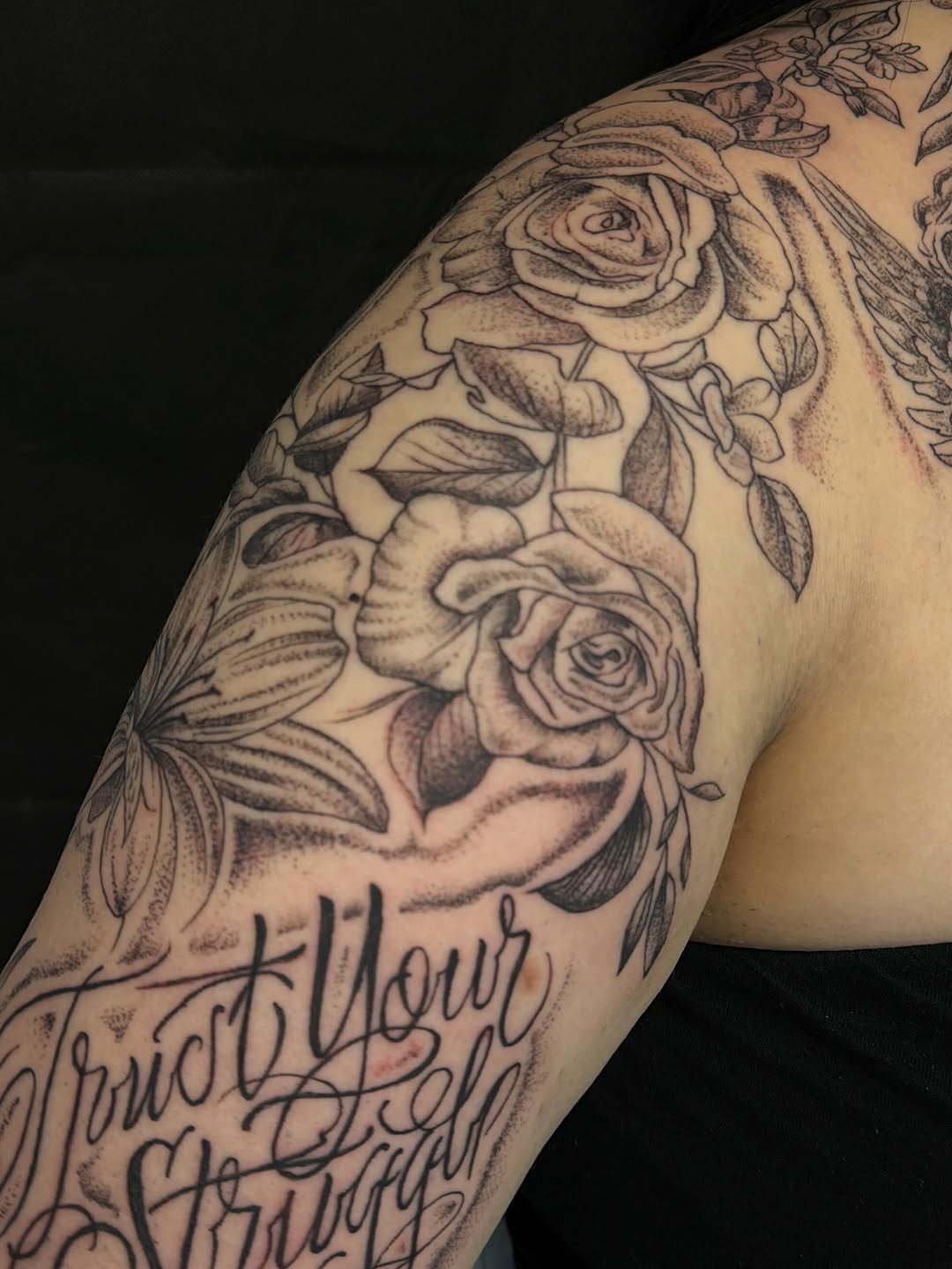 Tattoo by @corteztattoozz — black_and_grey, lettering_script