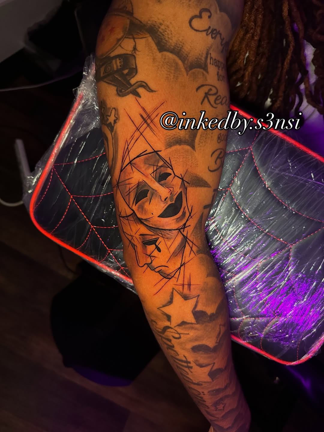 Tattoo by @inkedby.s3nsi — trash_polka, black_and_grey