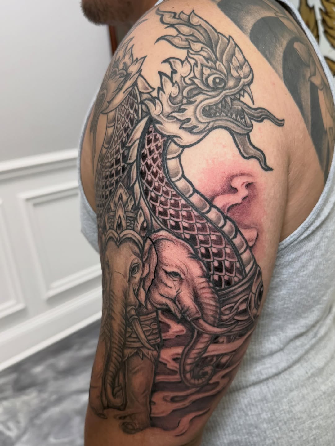 Tattoo by @mekong_lotus — japanese_irezumi, black_and_grey