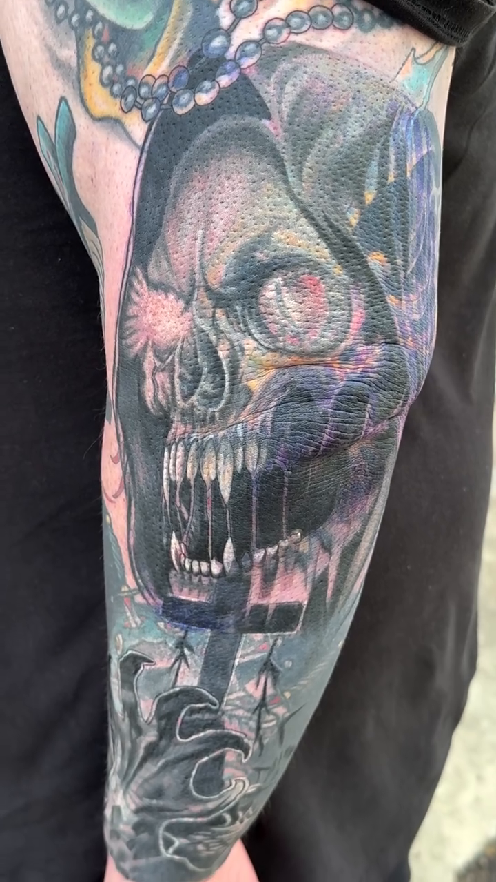 Tattoo by @kimberlytattoo — dark_realism, black_and_grey