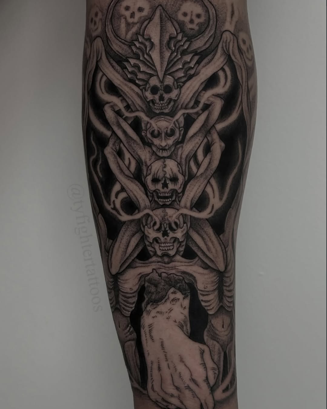 Tattoo by @tyfightertattoos — dark_realism, black_and_grey