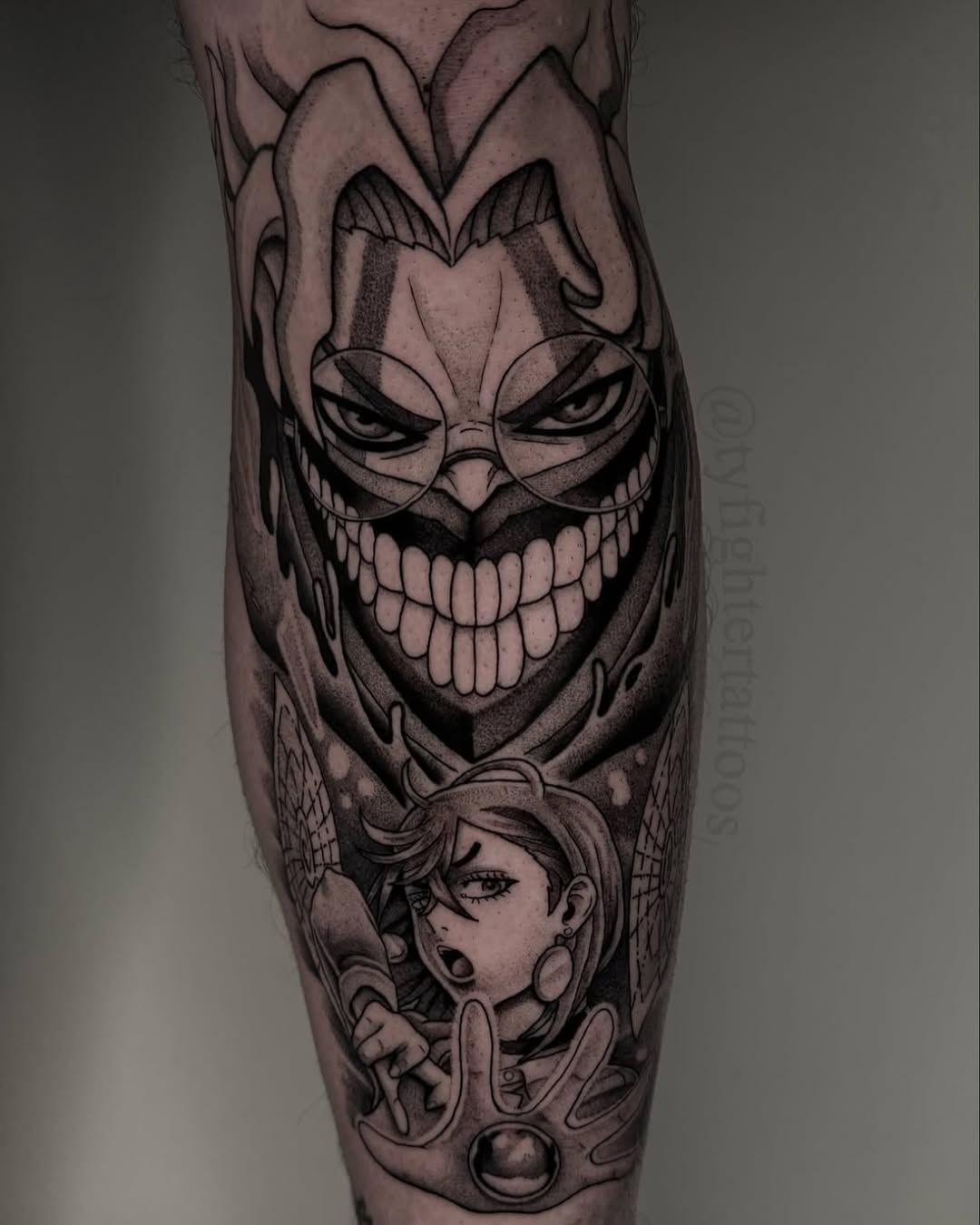 Tattoo by @tyfightertattoos — anime, black_and_grey