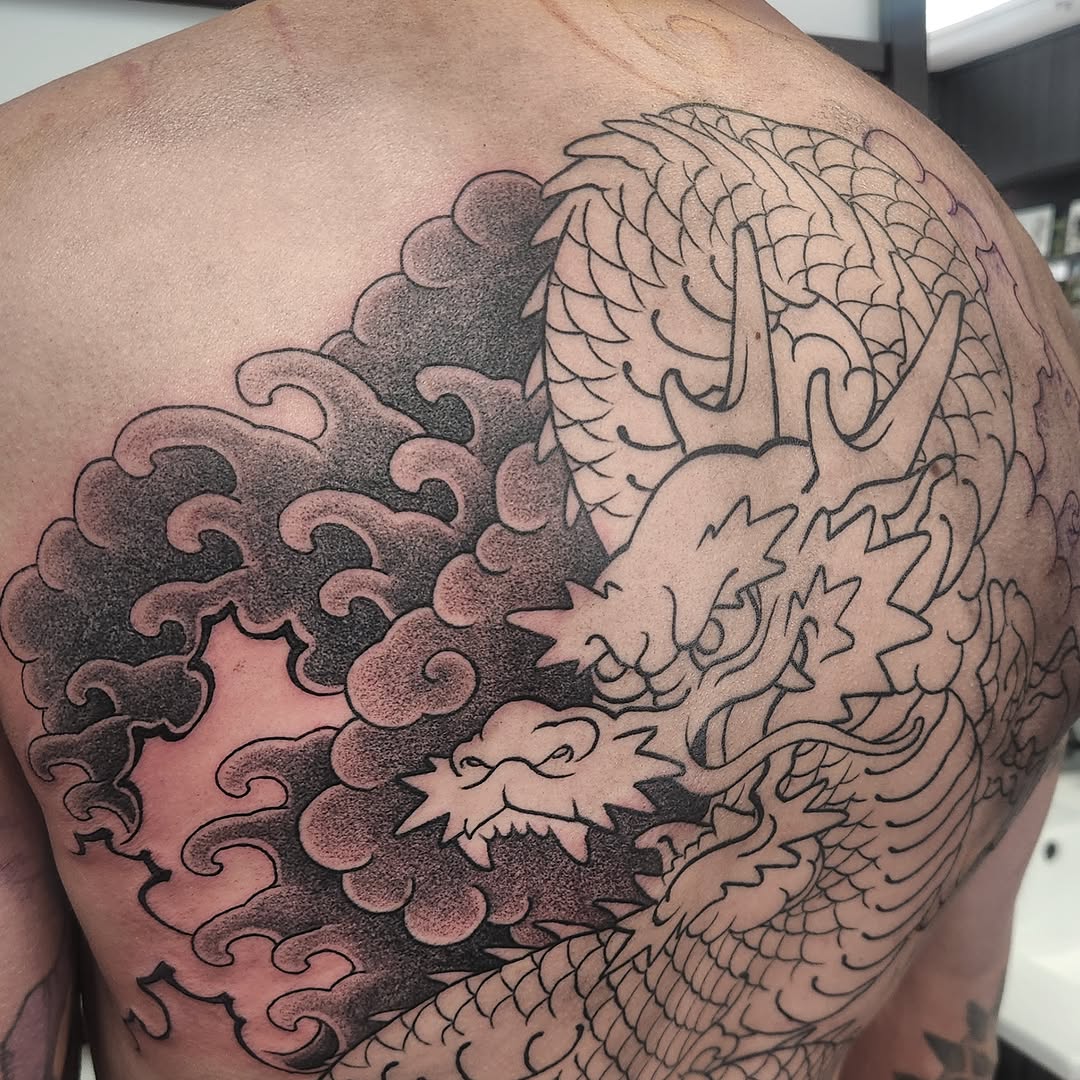 Tattoo by @dripping_moustache — japanese_irezumi, black_and_grey