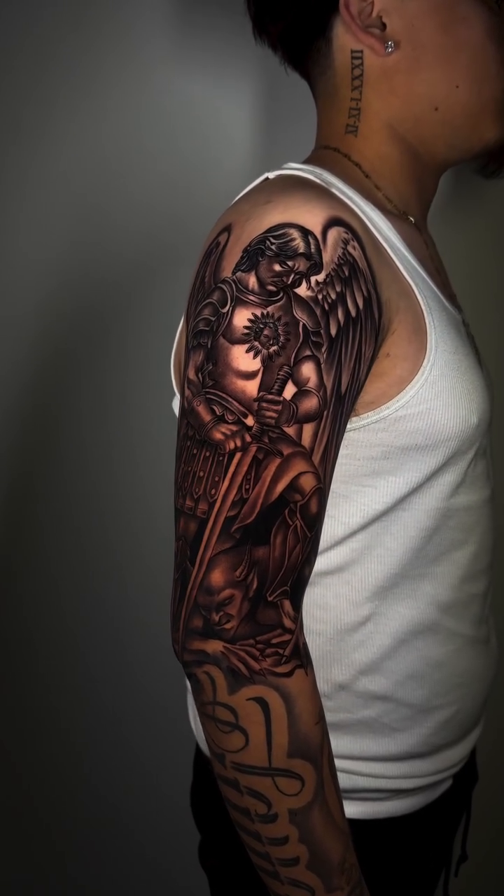 Tattoo by @aaron.tattoos — dark_realism, black_and_grey