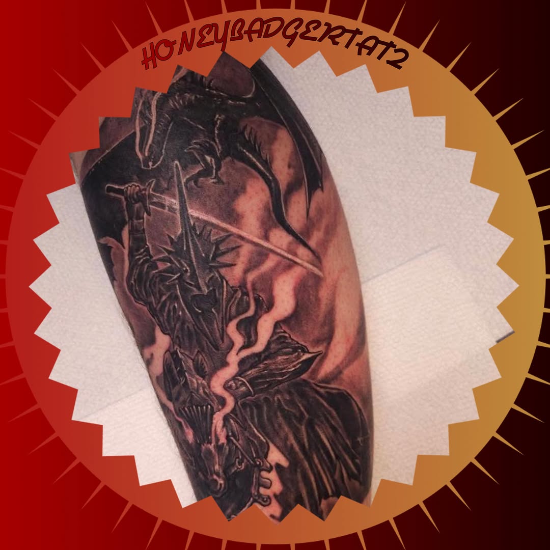 Tattoo by @honeybadgertat2 — dark_realism, black_and_grey