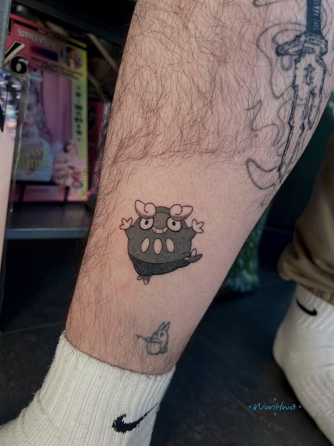 Tattoo by @wonhwa.pokes β anime, black_and_grey