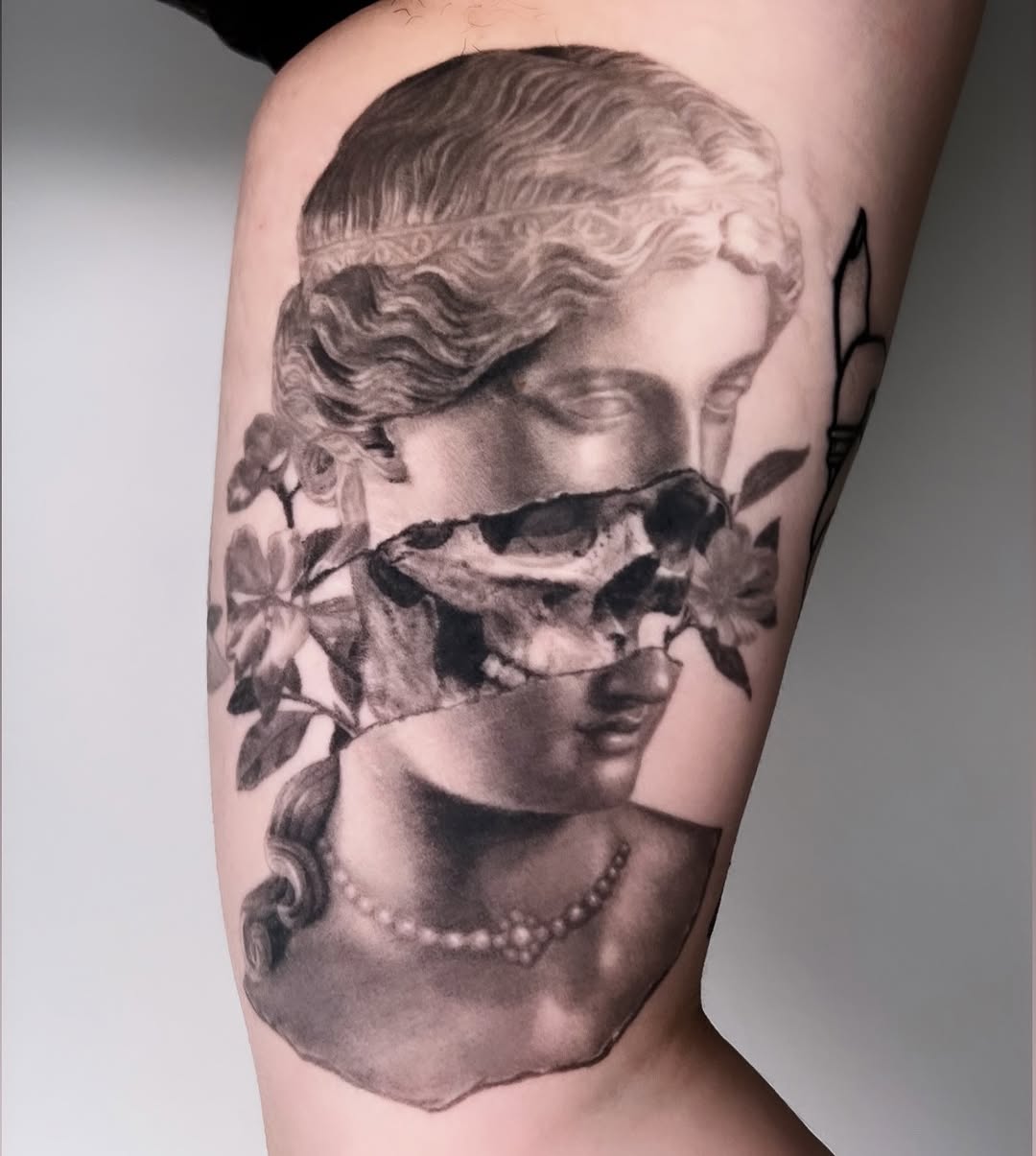 Tattoo by @zombiecattats โ realism, black_and_grey