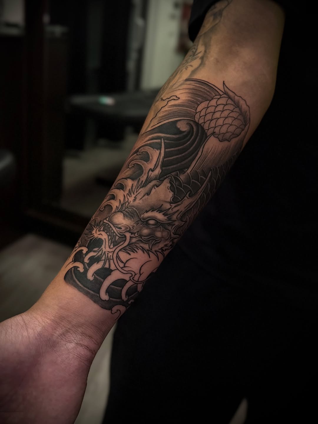 Tattoo by @kyle.inkz โ japanese_irezumi, black_and_grey