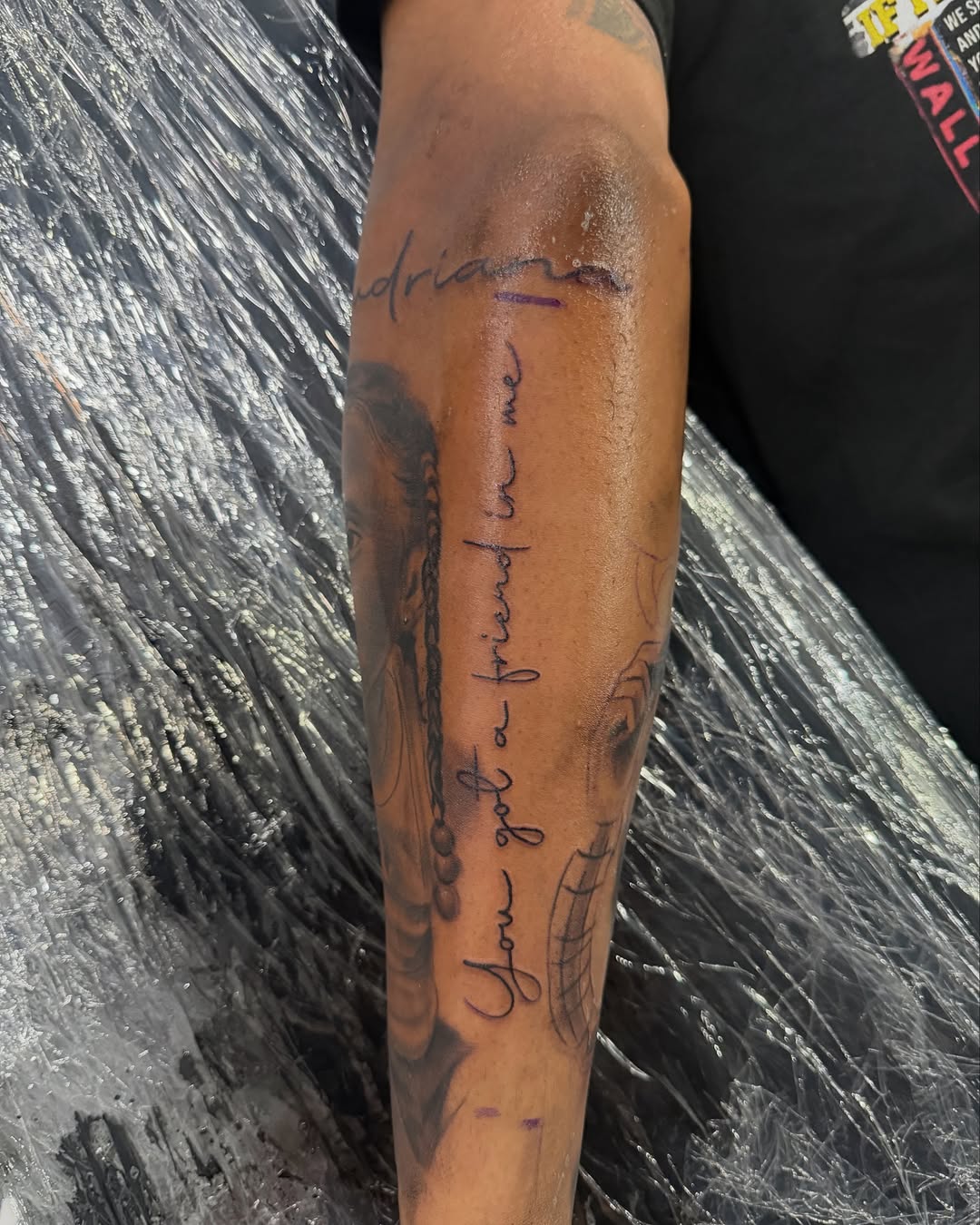 Tattoo by @inkedby.jf โ lettering_script, black_and_grey