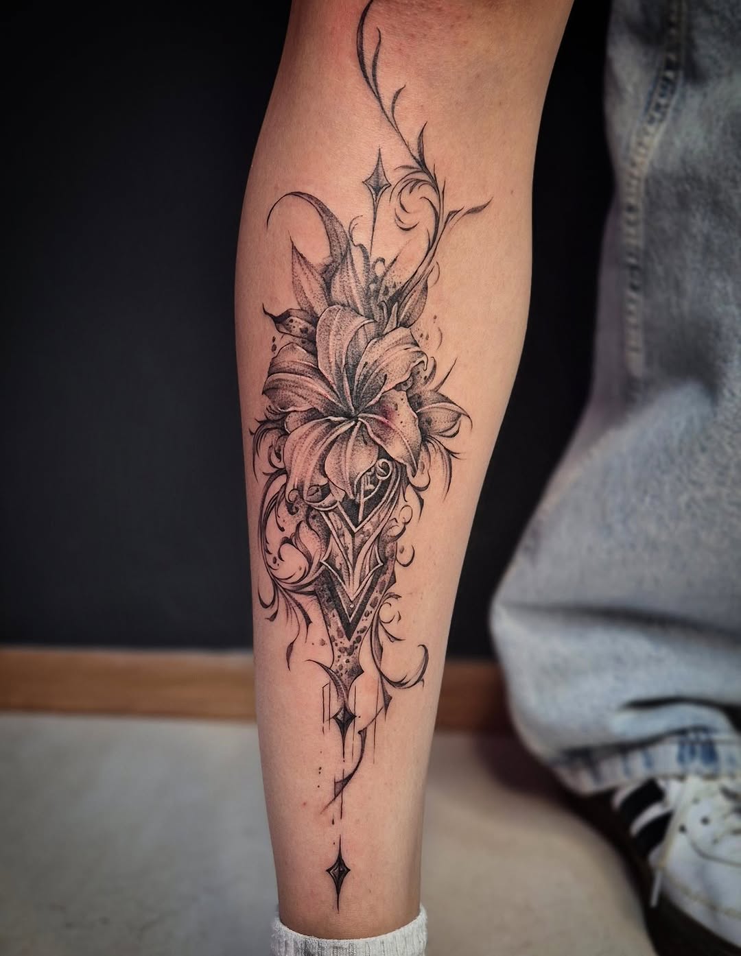 Tattoo by @tattoo_ks_anastasiia — illustrative, black_and_grey