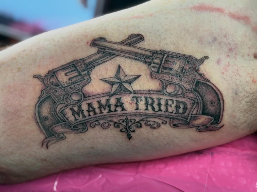 Tattoo by @vancleaveaesthetics — american_traditional, lettering_script
