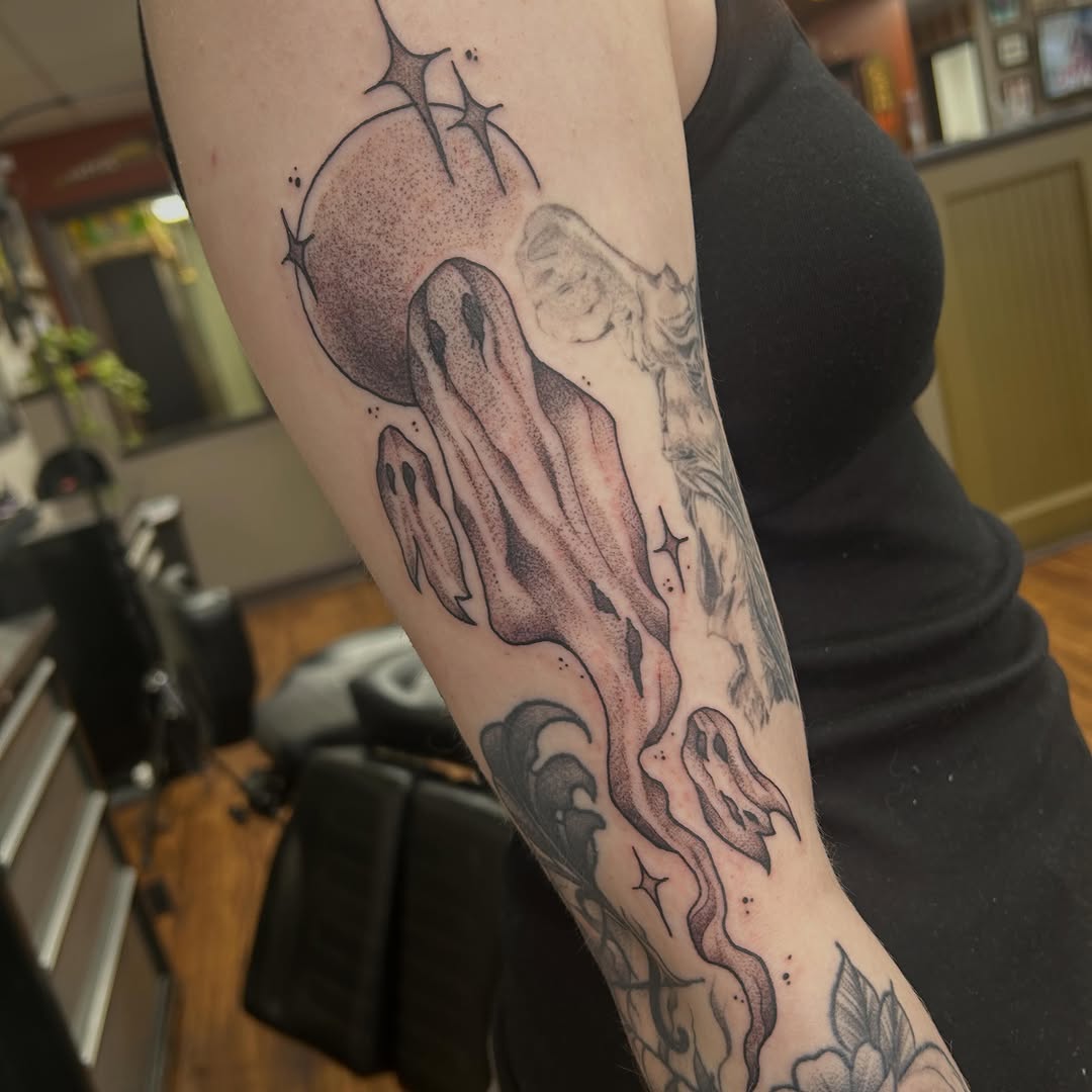 Tattoo by @mya.tattoos — dotwork, black_and_grey