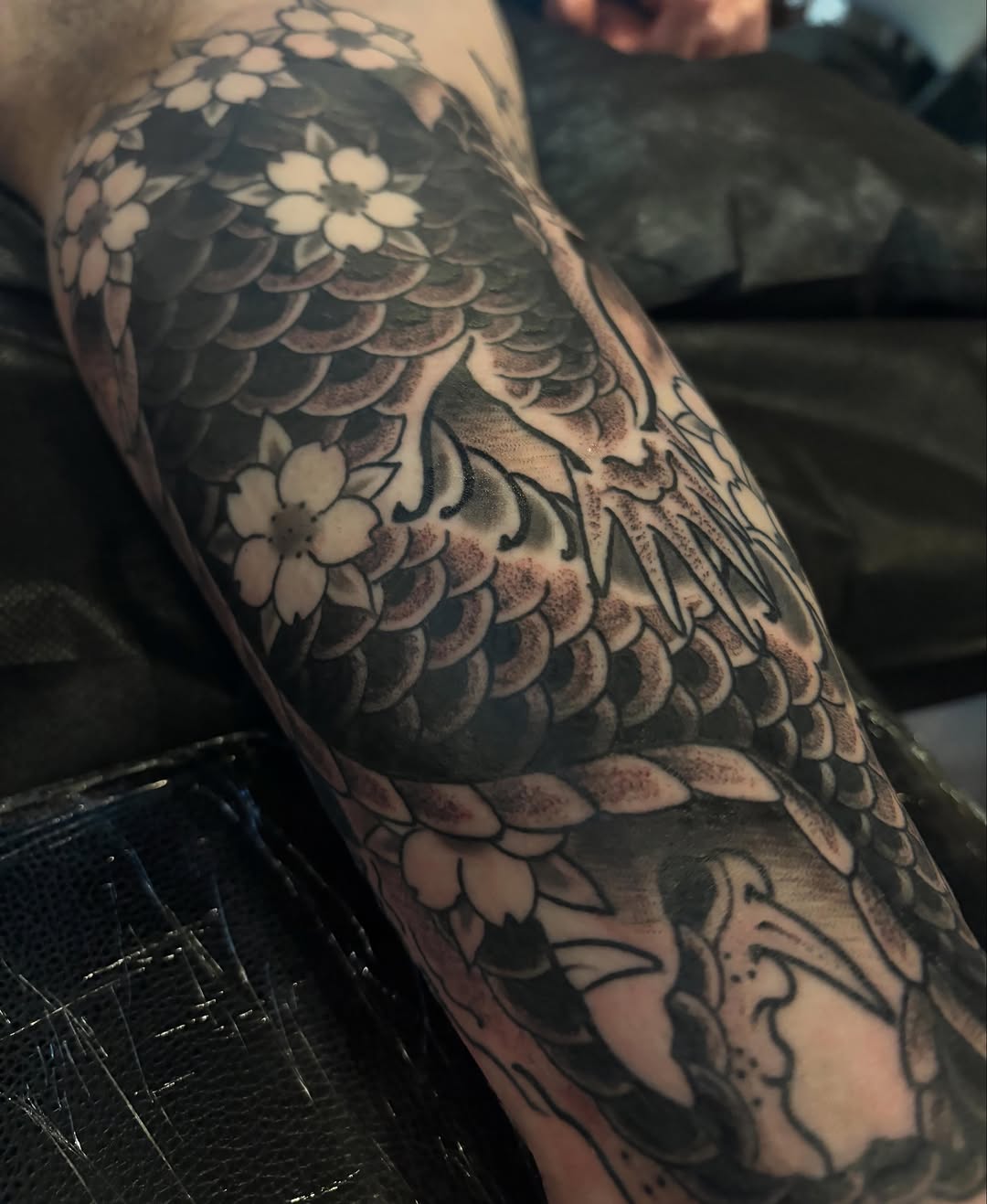 Tattoo by @ajoynerart — japanese_irezumi, black_and_grey
