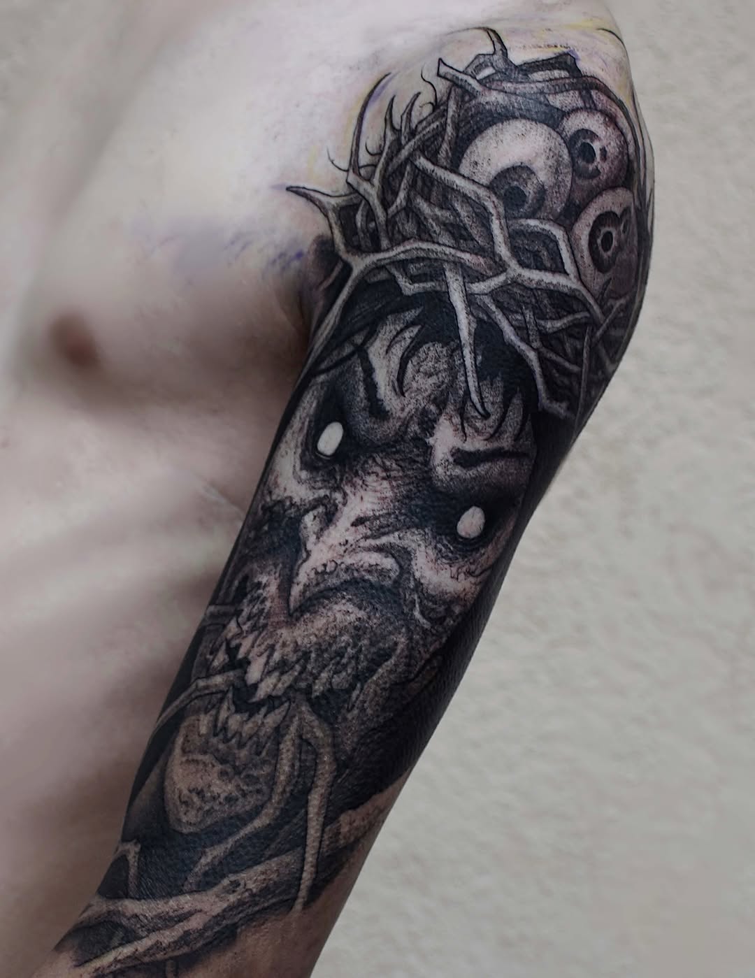 Tattoo by @bloodstonetattoos — dark_realism, black_and_grey