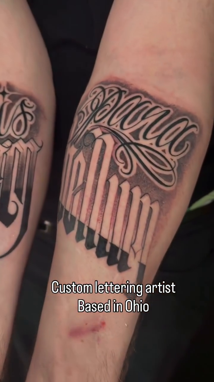 Tattoo by @trustydizon — lettering_script, black_and_grey