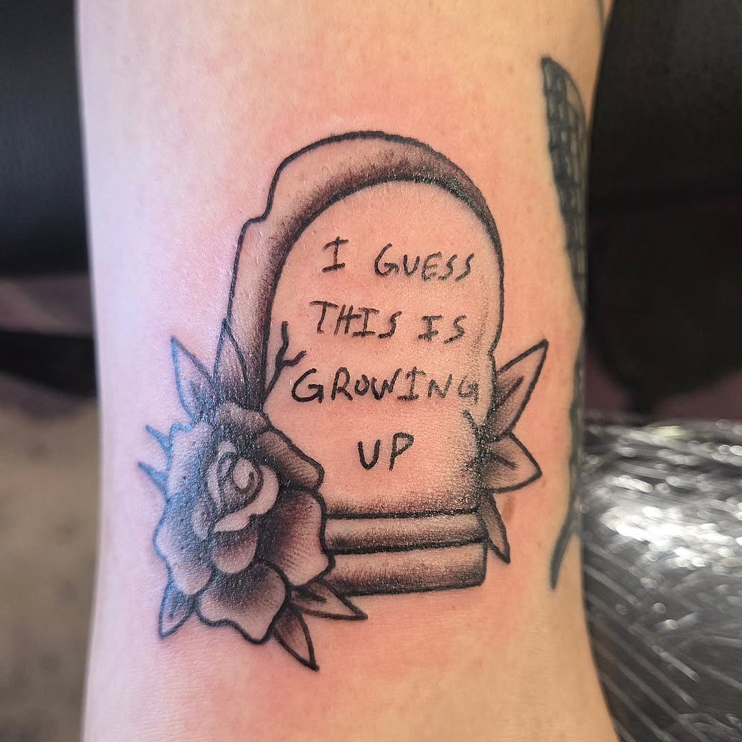 Tattoo by @katconiglioart β lettering_script, black_and_grey
