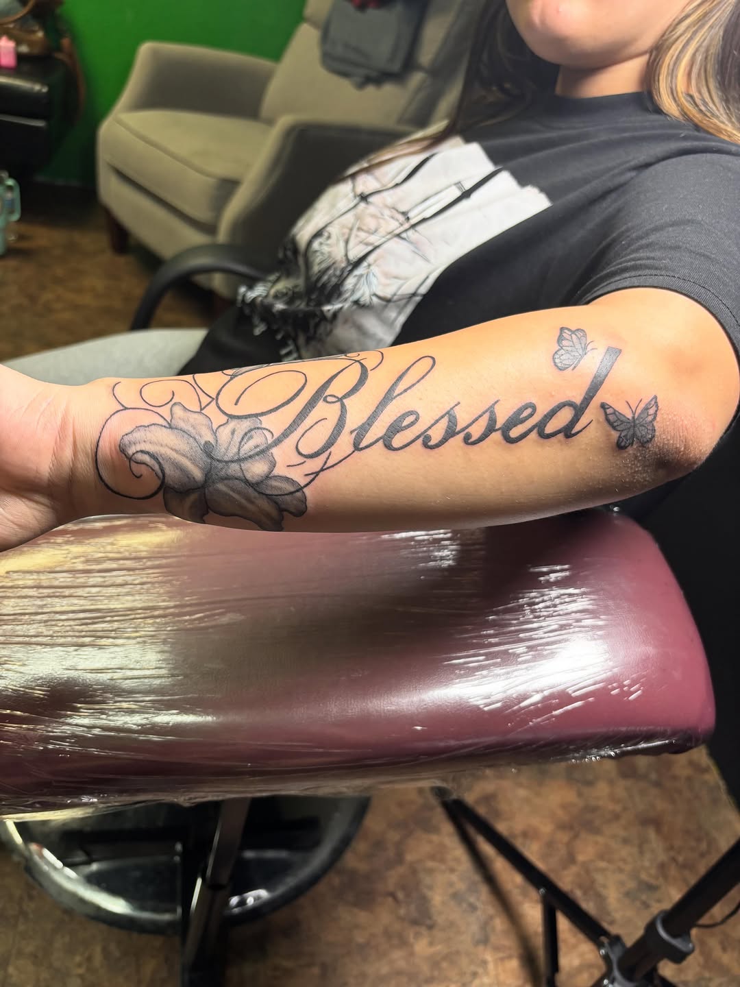 Tattoo by @inkys_ink — lettering_script, black_and_grey
