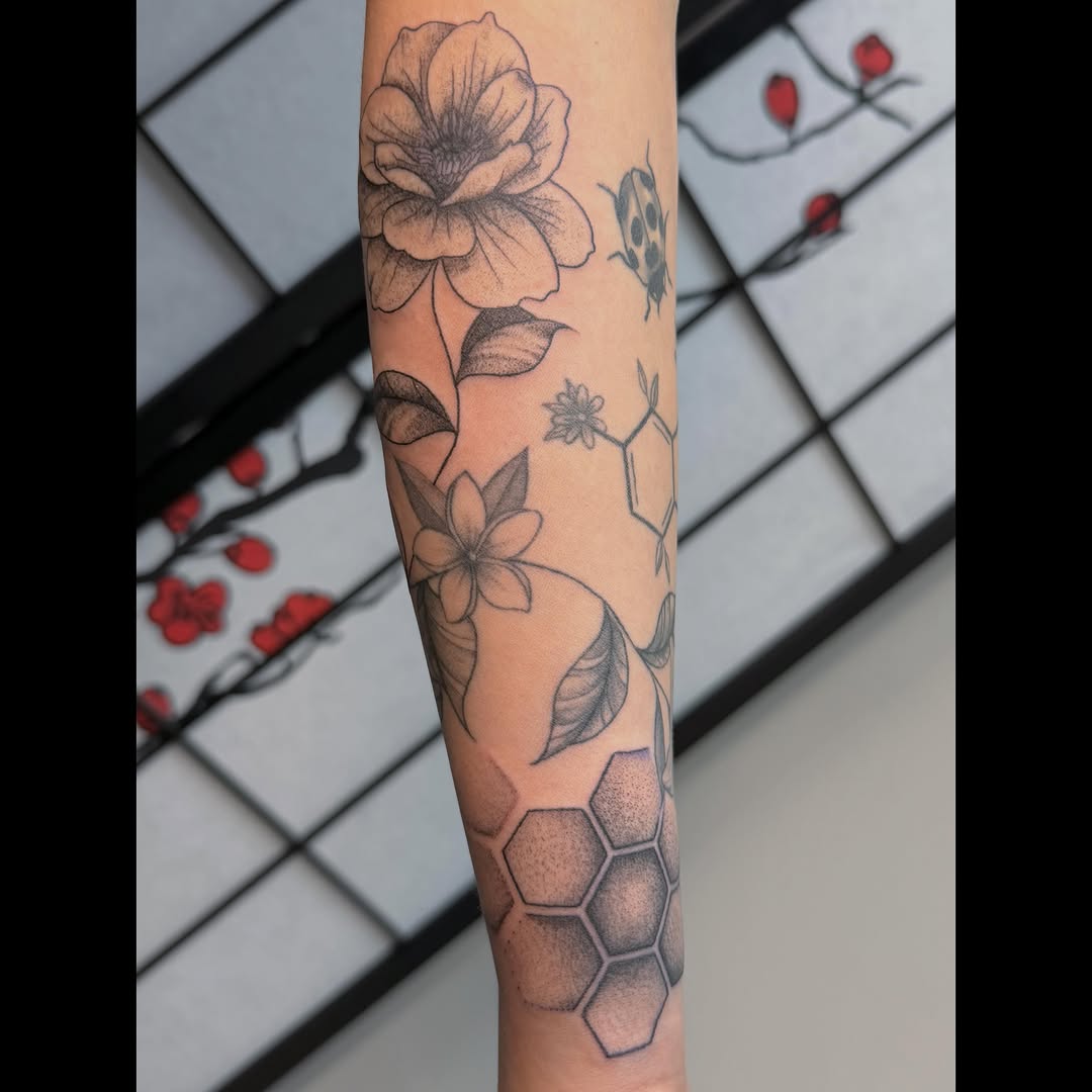 Tattoo by @artbydollface — black_and_grey, dotwork