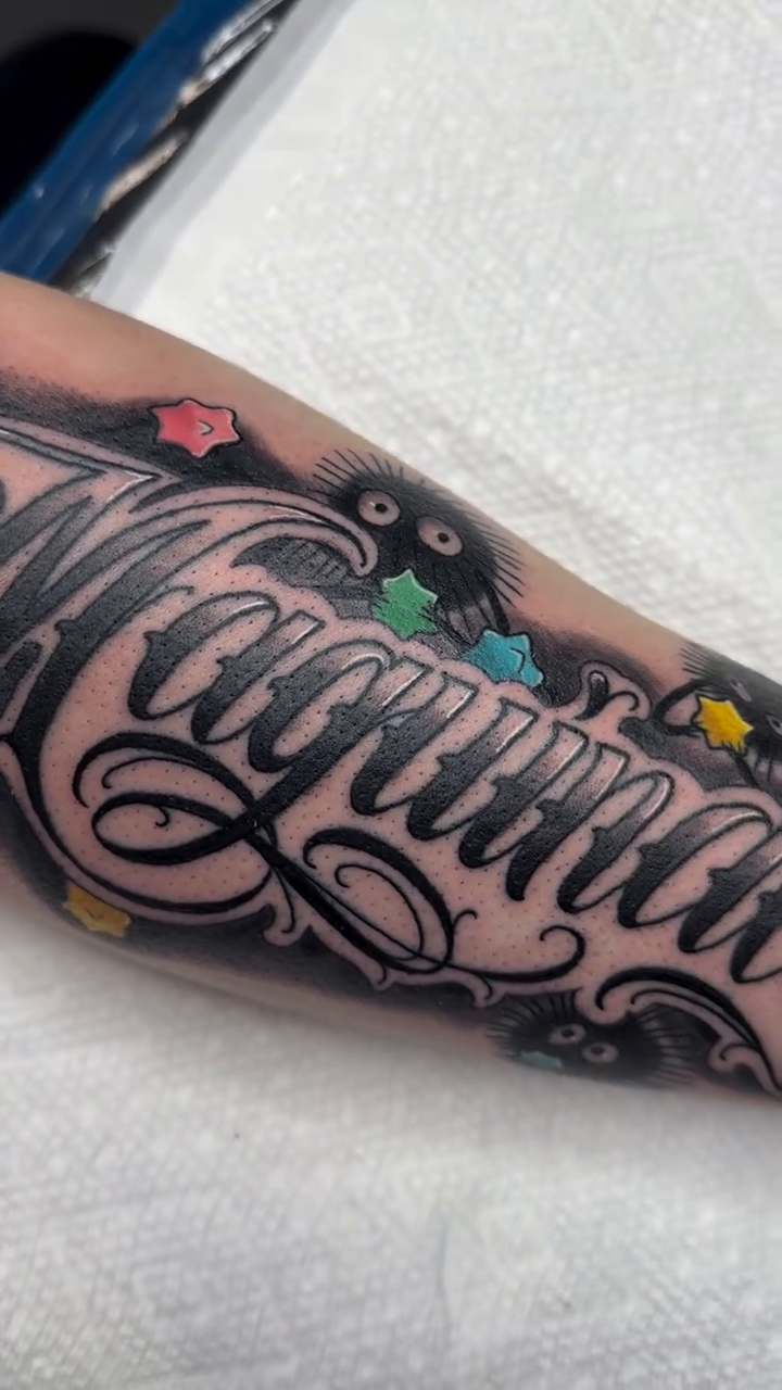 Tattoo by @luckyleftytattoos — lettering_script, black_and_grey