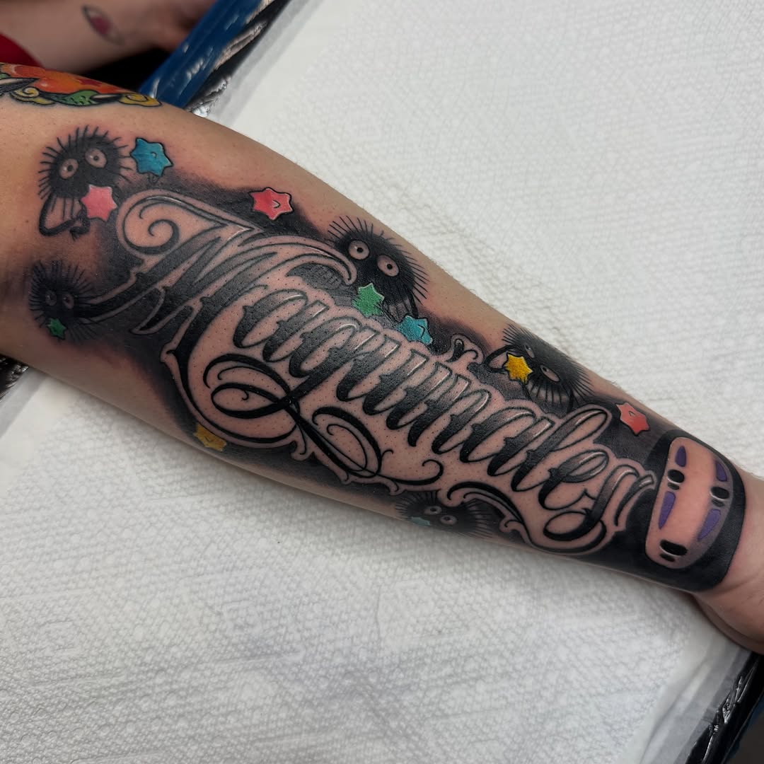 Tattoo by @luckyleftytattoos — lettering_script, black_and_grey