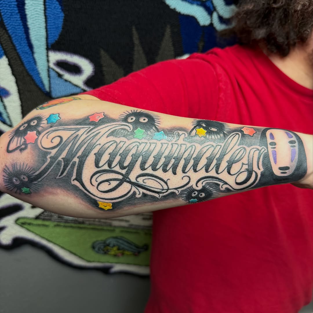Tattoo by @luckyleftytattoos — lettering_script, black_and_grey